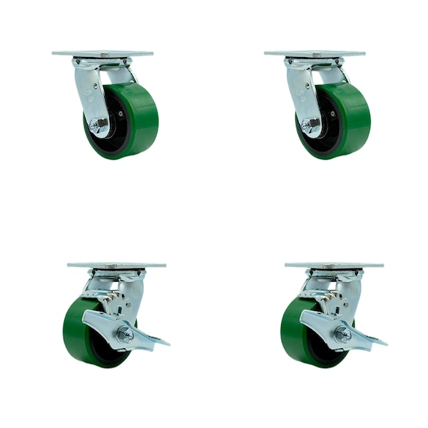 4 Inch Green Poly on Cast Iron Swivel Caster Set with Ball Bearings 2 Brakes SCC